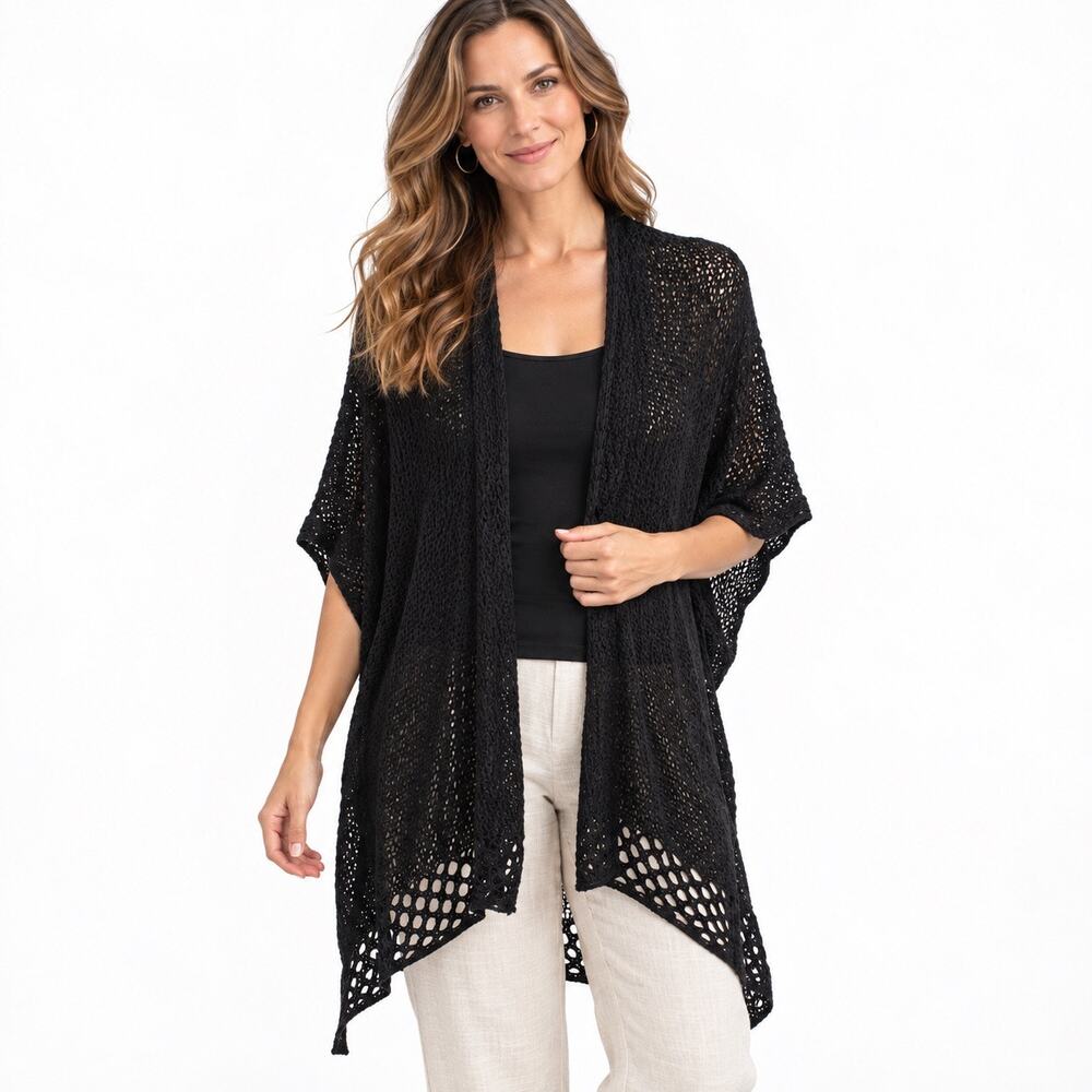 Black Open Knit Draped Cardigan Sweater Vest Kimono Boho Lightweight One Size